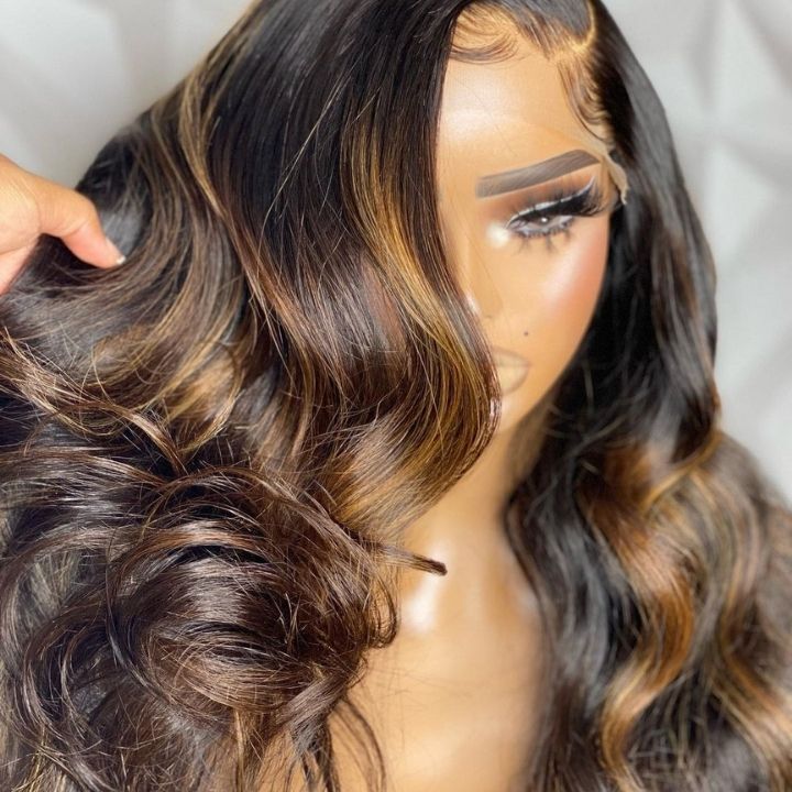 Flash Sale Extra 50% Off Code: VIP50 ,Balayage Light Brown Glueless Transparent Lace Closure Body Wave Wigs Human Hair 5x5 Lace Part Highlight Colored Wig-Amanda Hair