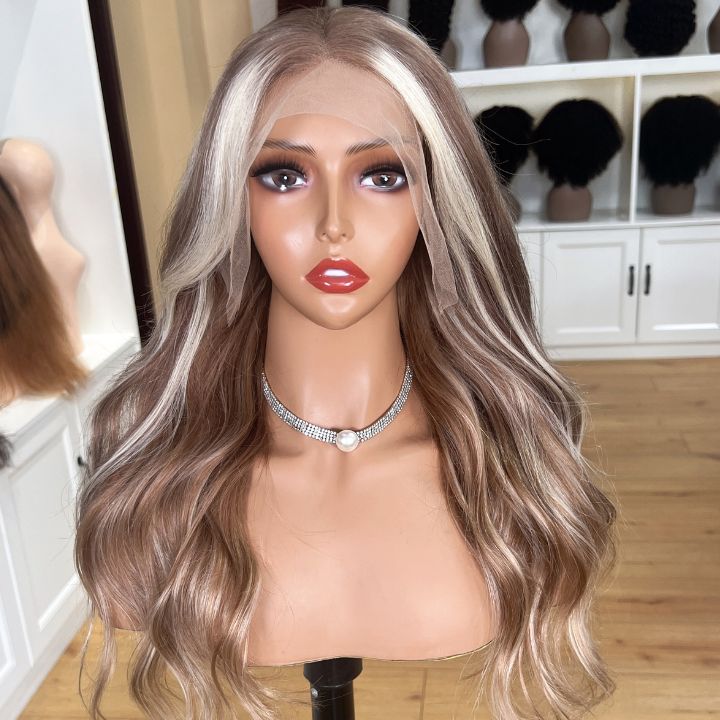 Highlight Linen 5x7 Glueless V8 Lace Wigs P16/613 Body Wave Lace Front Wigs Human Hair Undetectable Transparent HD with Deep Hairline Free Part C Type Hairstyle