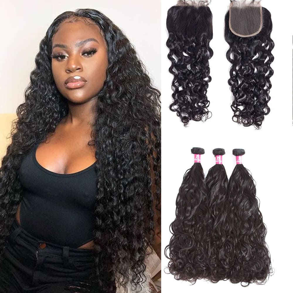 Amanda Mongolian Hair Water Wave 3 Bundles With 4*4 Lace Closure 10A Grade 100% Remi Human Hair Hot Sell Wave Bundles Hair Extensions