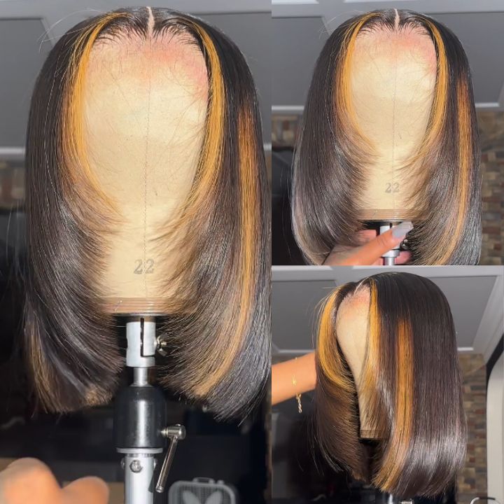 Glueless Highlight Blonde Brazilian Straight Short Bob Lace Wigs Transparent 13x4 Lace Pre Plucked Hairline 180% Density No Code Needed -Amanda Hair
