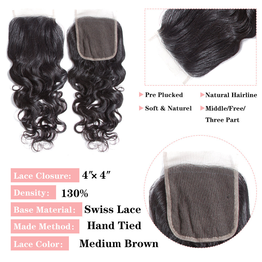 Brazilian Water Wave Hair 3 Bundles With 4*4 Lace Closure 9A Grade 100% Unprocessed Human Hair - Amanda Hair