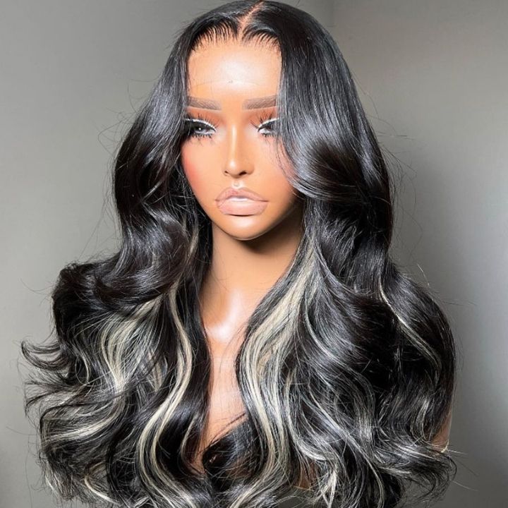 Money Piece Light Blonde Mix Black Body Wave 13x4/6x4.5 Closure Glueless Lace Colord Wig -Amanda Hair