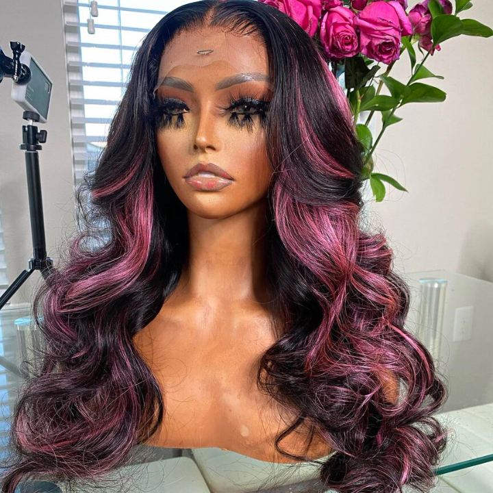 Extra 38% Off Clearance Highlights Transparent Lace Front Straight Wig Human Hair Wig Black Hair Mix Purple Color Lace Wigs