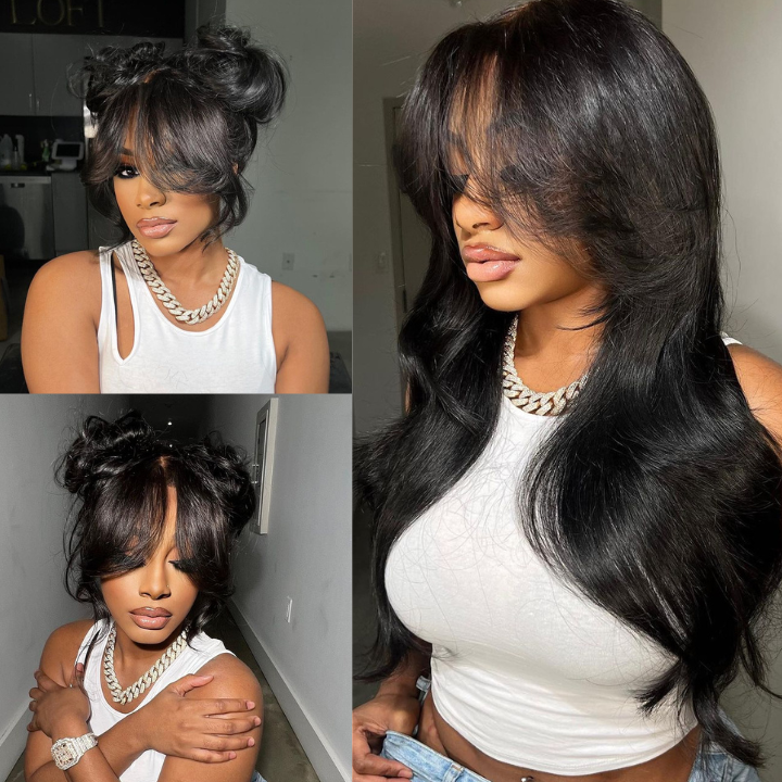 Glueless Body Wave Hair Clear Transparent Lace Front Wigs with Curtain Bangs For Women-Amanda Hair