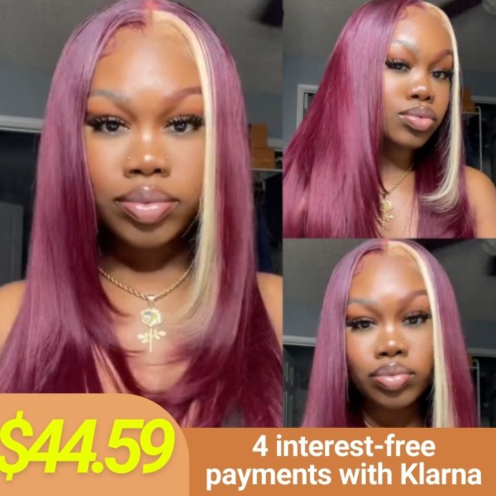 Flash Sale : Straight 13*4 Lace Front Red Wine & Blonde Skunk Stripe Color  99J Burgundy Wig-Amanda Hair