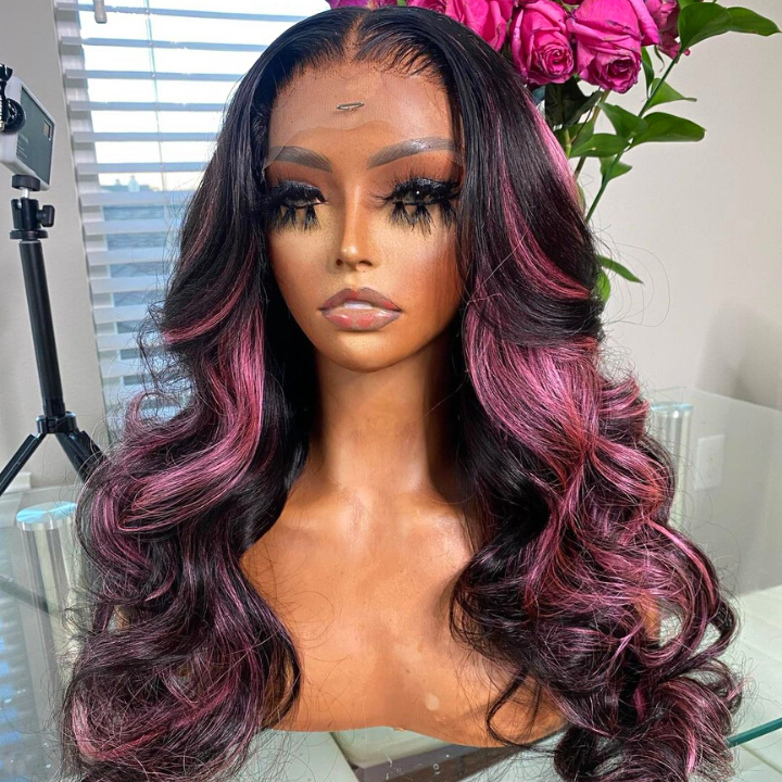 Extra 38% Off Clearance Highlights Transparent Lace Front Straight Wig Human Hair Wig Black Hair Mix Purple Color Lace Wigs