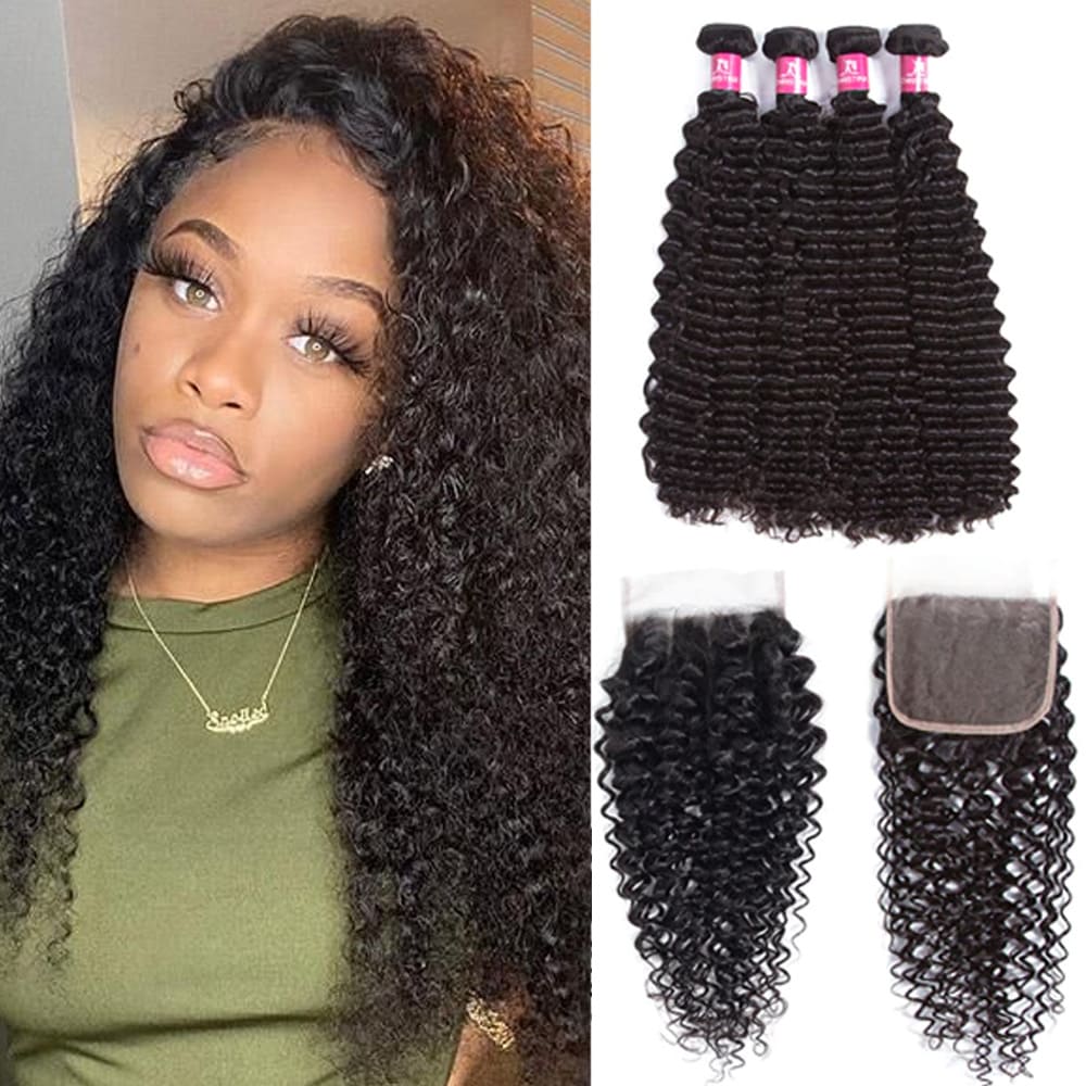 Amanda Malaysian Hair Kinky Curly 4 Bundles With 4*4 Lace Closure 10A Grade 100% Remi Human Hair Soft Shiny Wave Hair