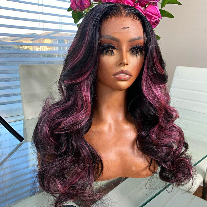 Extra 38% Off Clearance Highlights Transparent Lace Front Straight Wig Human Hair Wig Black Hair Mix Purple Color Lace Wigs