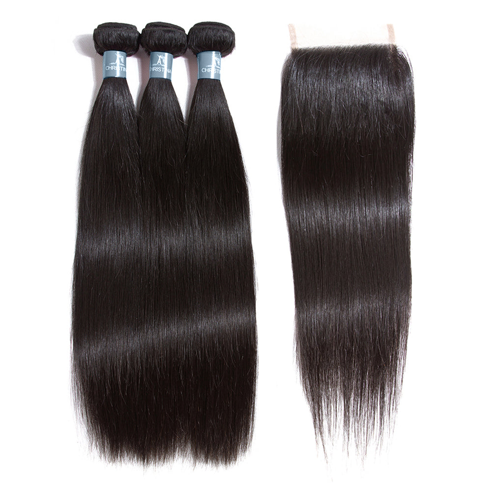 Amanda Hair Indian Straight Hair 3 Bundles With 4*4 Lace Closure 9A Grade 100% Unprocessed Human Hair No Tangles