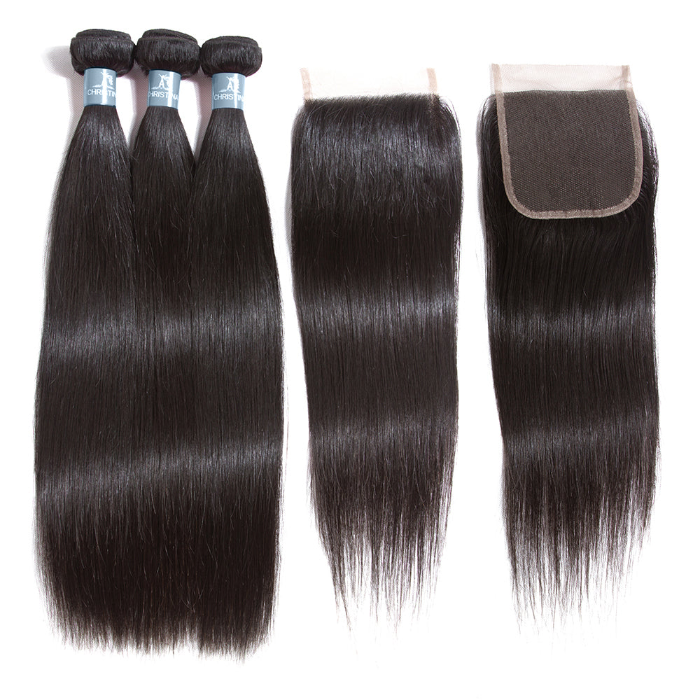 Amanda Mongolian Straight Hair 3 Bundles With 4*4 Lace Closure 9A Grade 100% Unprocessed Human Hair No Tangles