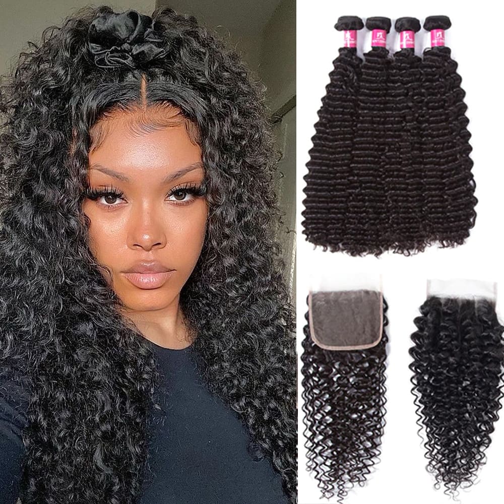 Brazilian Kinky Curly 4 Bundles With 4*4 Lace Closure 10A Grade 100% Remi Human Hair Soft Shiny Wave Hair - Amanda Hair