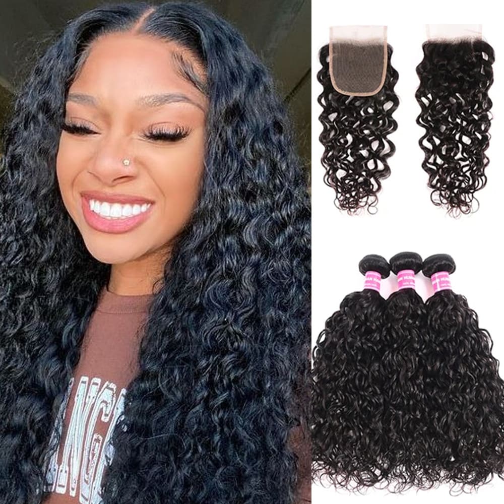 Amanda Peruvian Hair Water Wave 3 Bundles With 4*4 Lace Closure 10A Grade 100% Remi Human Hair Hot Sell Wave Bundles Hair Extensions