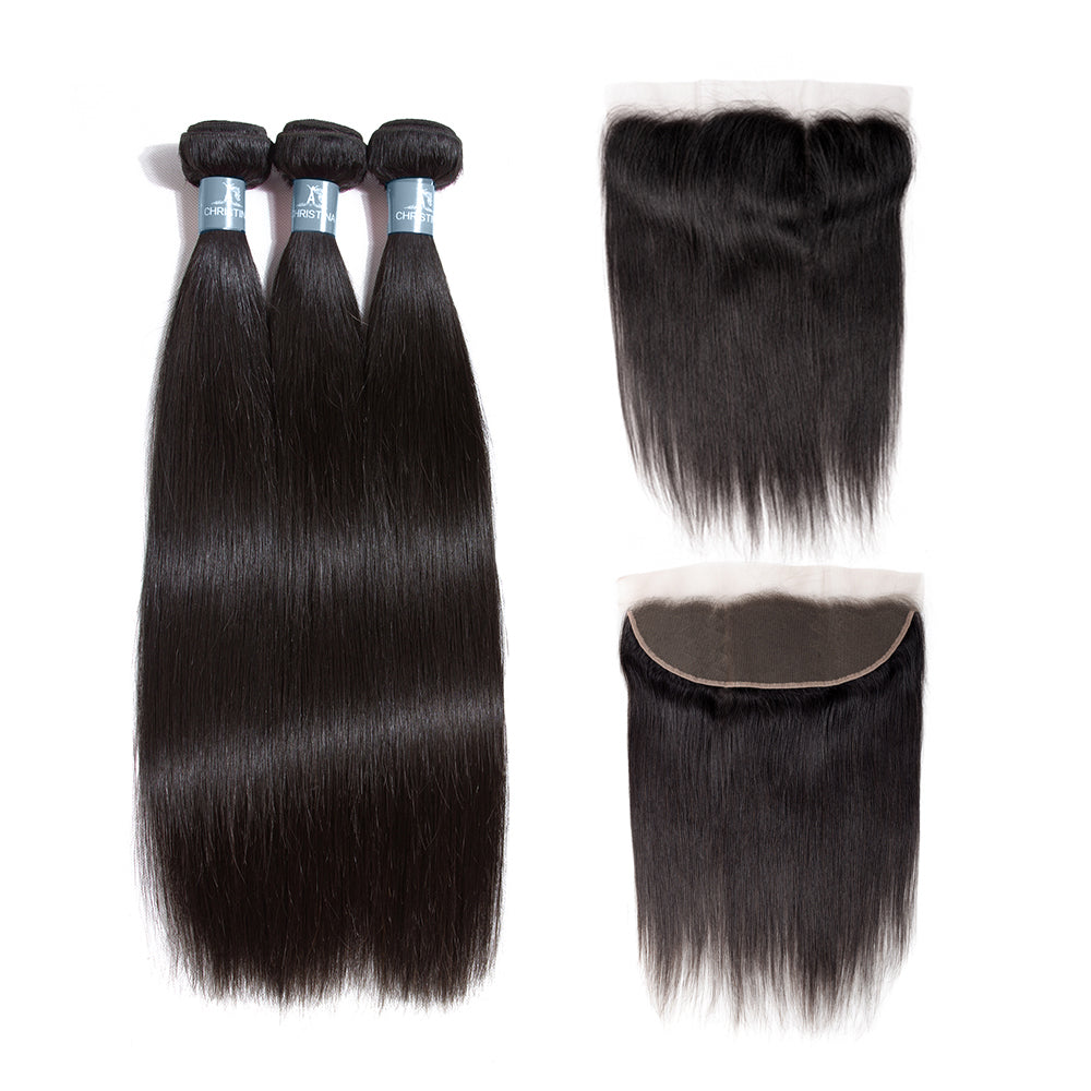 Brazilian Straight Hair 3 Bundles With 13*4 Lace Frontal 9A Grade 100% Unprocessed Human Hair No Tangles - Amanda Hair