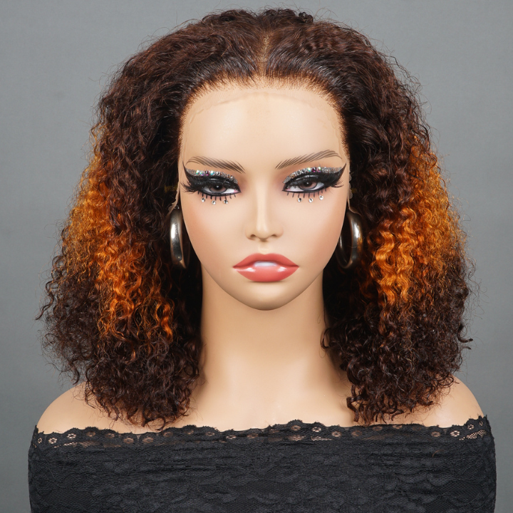 Glueless Auburn & Orange Highlight Curly Bob Hairstyle Wig,  100% Human Hair, Natural Look, Easy Install & Comfortable Wear for Black Women