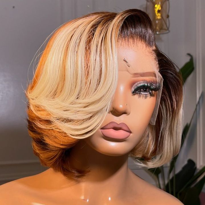 Ombre Brown To 613# Brazilian Short Layer Bob Body Wave Glueless Lace Wigs TransparentStunning Gradient Lace Frontal Wig Pre Plucked Glueless Lace Wigs No Code Needed -Amanda Hair