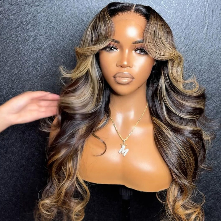 Glueless Highlight Honey Blonde Colored Body Wave HD 7x5 Lace Closure Wig Transparent 13x4 Lace Front Human Hair Wigs Pre Plucked  Wave Human Hair Wigs for Women