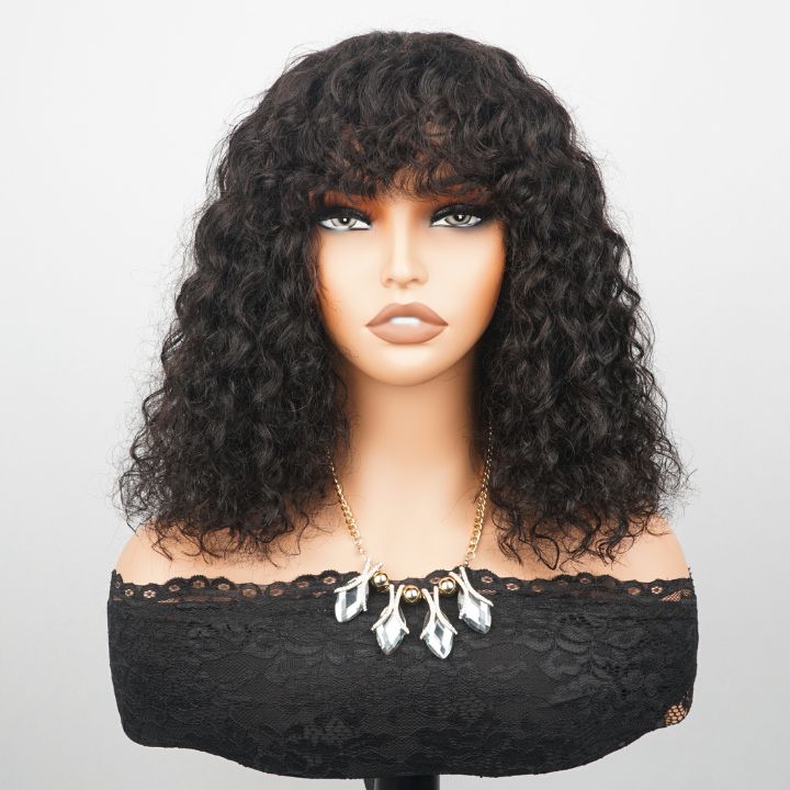 Sunshine Chic Fluffy Water Wave Clear Transparent Glueless  Lace Front Short Curly Wigs with Bangs For Women-Amanda Hair