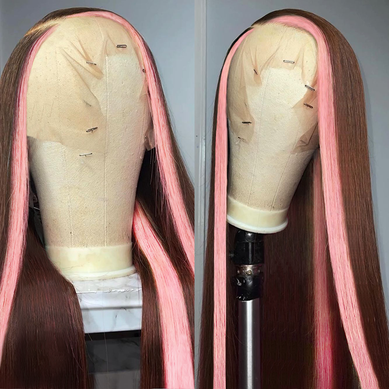 Highlights Strawberry Pink & Chocolate Skunk Stripe Colored Lace Front Wig-Amanda Hair