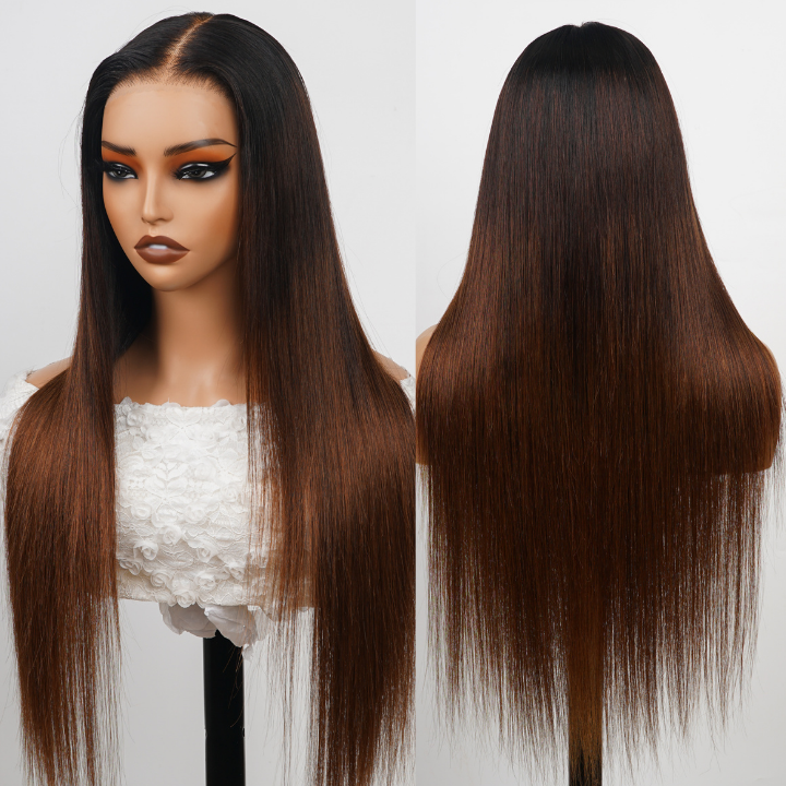 24H Fast Shipping Glueless Dark Root  Ombre Brown Lace Front Straight Wig 100% Human Hair - Clear Transparent Lace Front/Closure Human Hair Wig- Amanda Hair