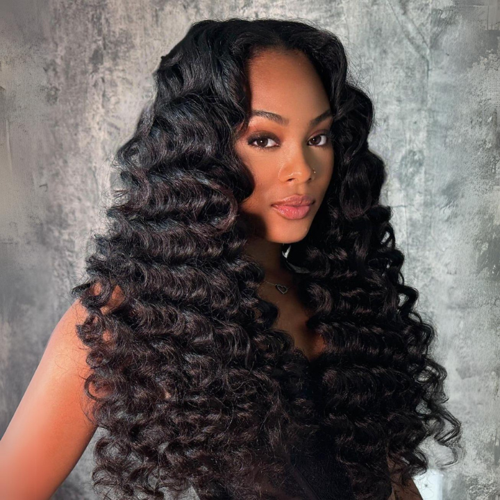 Glueless Loose Deep Wave Human Hair Clear Transparent Lace Front/Closure Wig Natural Black  - Amanda Hair
