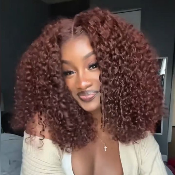 Extra 50% Off | Glueless Reddish Brown Thick Fluffy Afro Curly Human Hair Bob Lace Wigs