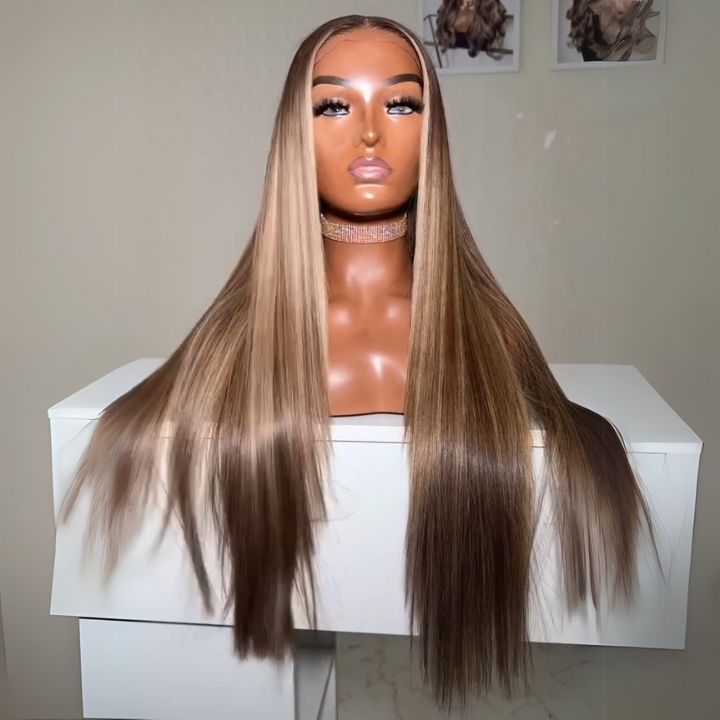 Highlights Light Blonde Mix Chocolate Brown Hair Dark Roots Full Density Glueless Closure/Front Colored Straight Wig- Amanda Hair
