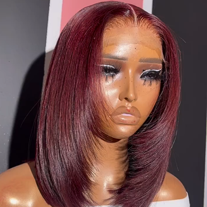 Extra 60% OFF | Flash Sale Glueless 99J Brazilian Straight Short Layer Bangs Bob Lace Wigs Transparent 13x4 Lace Pre Plucked Hairline  No Code Needed -Amanda Hair