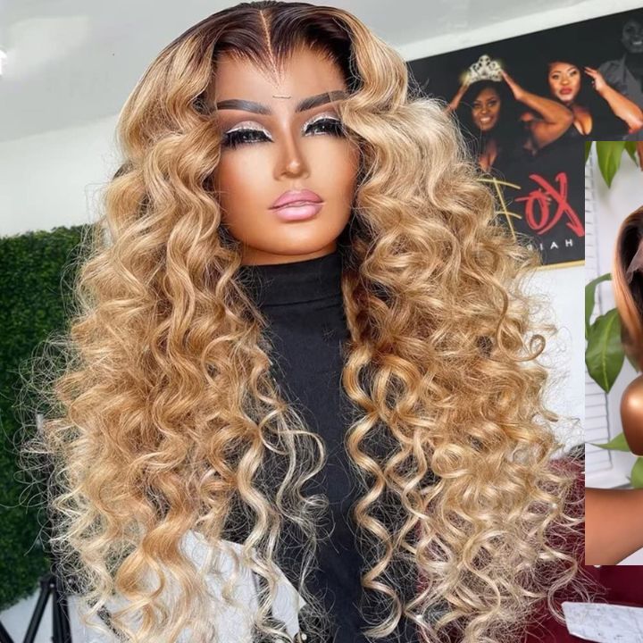 Ombre Honey Blonde Colored Loose Wave 7x5 Pre Cut Lace Closure Wig Lace Front Wig Flash Sale
