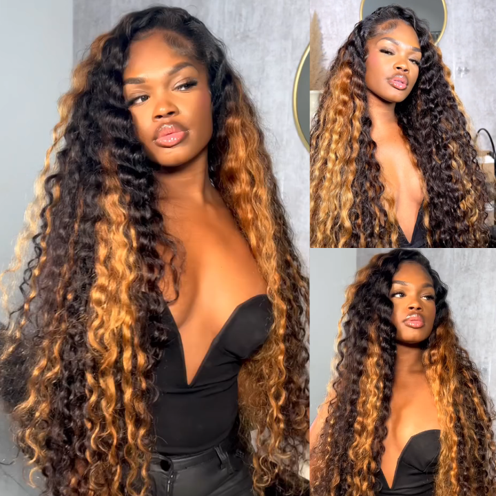 Highlight Golden Glueless Lace Front Wig Human Hair Loose Deep Wave Wigs Clear Transparent Front Wigs Human Hair Pre Plucked with Baby Hair Amanda Hair