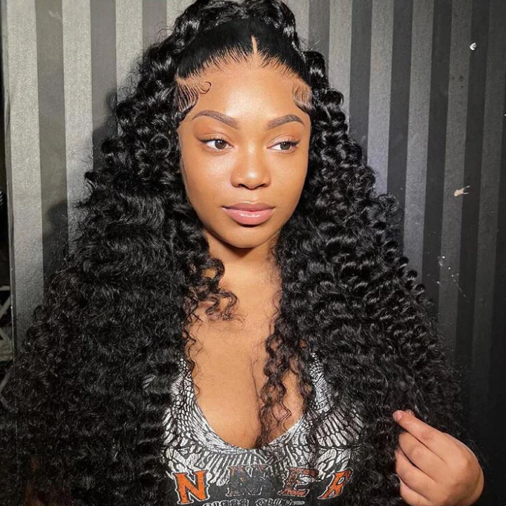 Glueless Deep Wave Human Hair Clear Transparent Lace Front/Closure Wig Natural Black  - Amanda Hair
