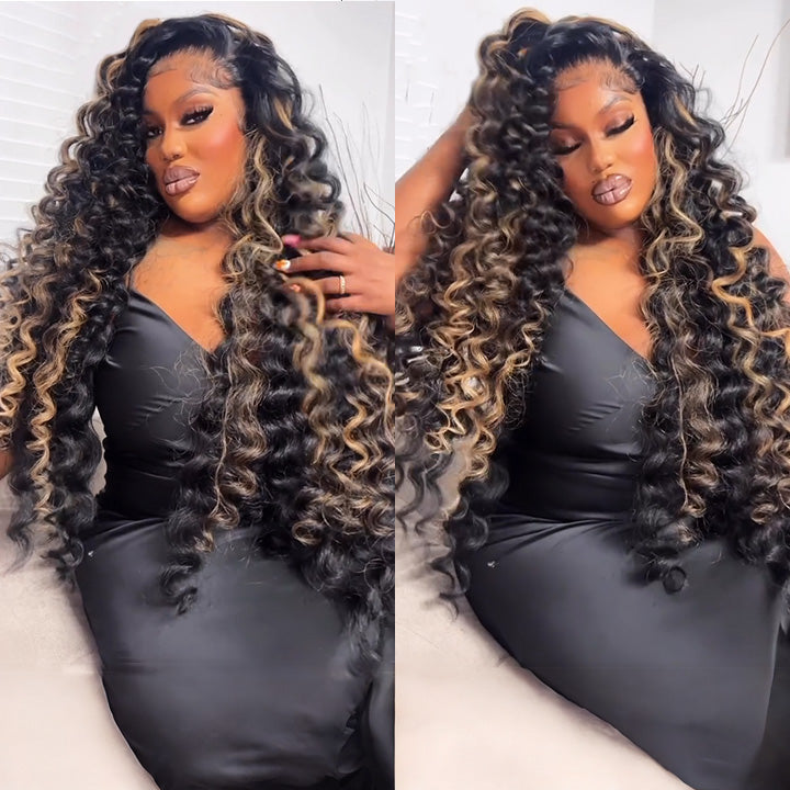 Highlight Blonde Glueless Lace Front Loose Deep Wave Wig Human Hair Pre Plucked Amanda Hair