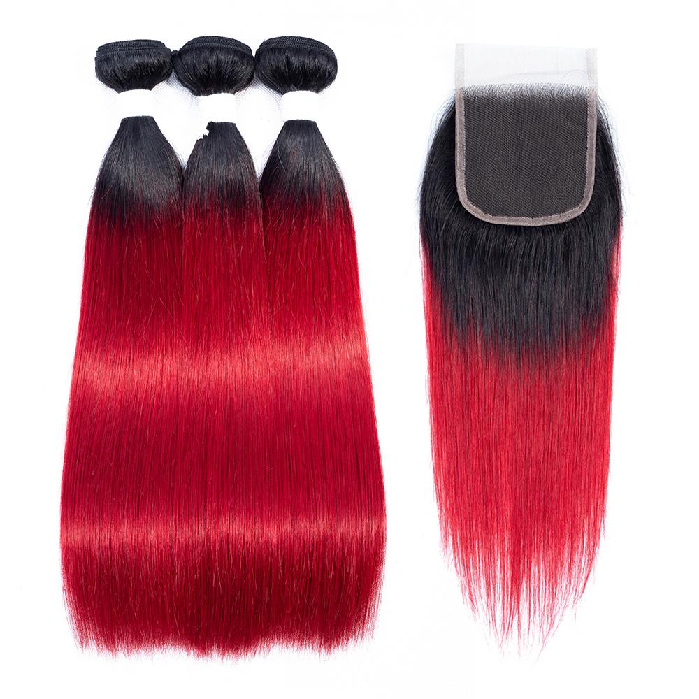 Amanda Ombre Colored Bundles With Closure T1B/Red Silk Straight 100% Human Hair
