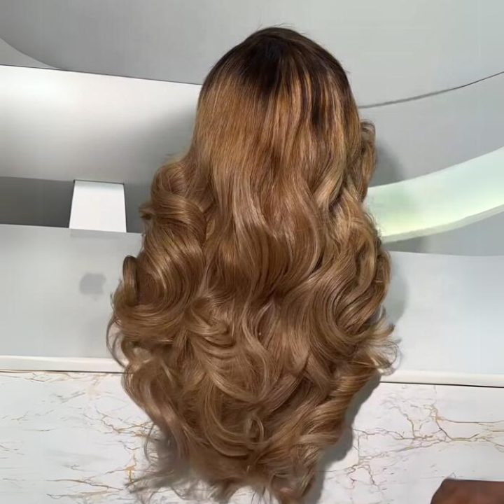 Glueless Dark Root Honey Brown Color  Lace Front Loose Wave Wig 100% Human Hair - Clear Transparent Lace Front/Closure Human Hair Colored Wig- Amanda Hair