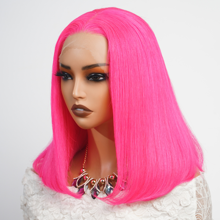 Peach Red Straight Human Hair Pink Bob Color Lace Front /Closure Wig -Amanda Hair