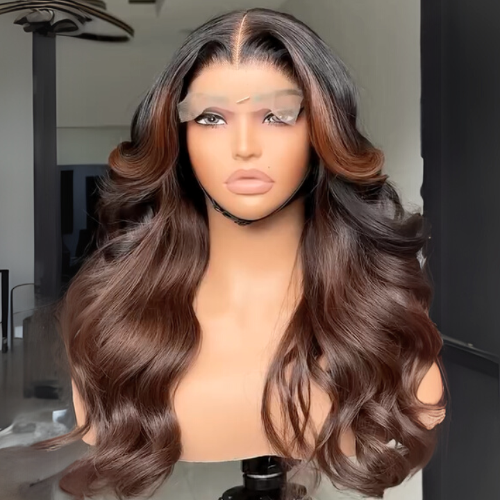 Highlights Brown 100% Human Hair Glueless Closure/Front Ombre Brown Colored Loose Wave Wig- Amanda Hair
