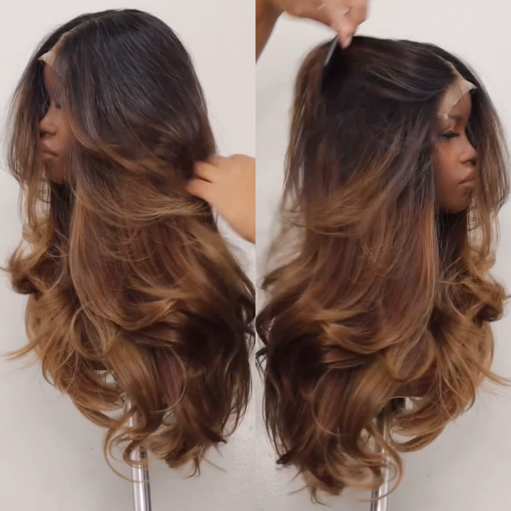 Glueless  Layer Body Wave Dark Root Ombre Honey Blonde Lace Front Wig 100% Human Hair - Clear Transparent Lace Front/Closure Human Hair Colored Wig- Amanda Hair