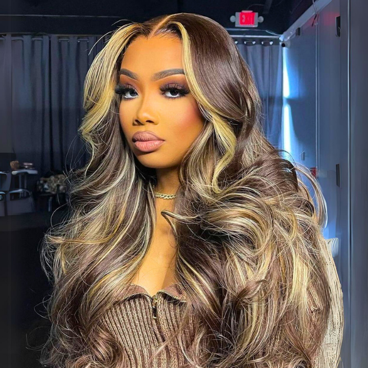 Glueless Invisiable Honey Blonde Highlight Body Wave 13x4 Lace Front Wigs Human Hair Ombre Color Wig