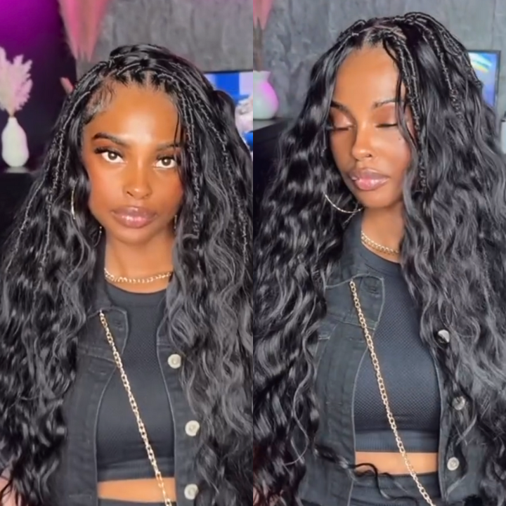 Glueless Exotic  BOHO Long Loose Wave Human Hair Lace Wig with Loc Braided Parting, Natural Black 100% Human Hair - Clear Transparent Lace Front/Closure Wig- Amanda Hair