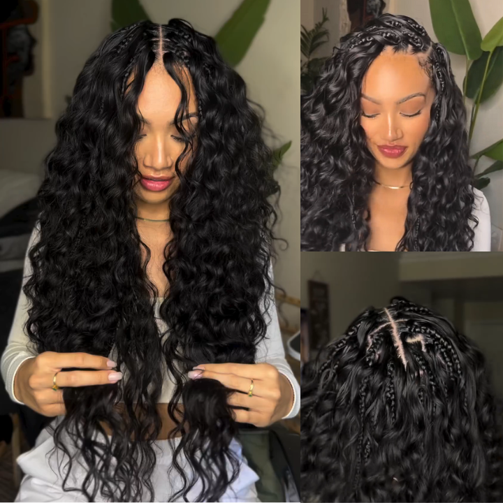 Glueless  Exquisite Long Loose Curls Human Hair Wig with Braided Parting, Natural Black 100% Human Hair - Clear Transparent Lace Front/Closure Wig- Amanda Hair