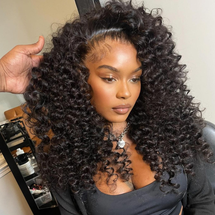 Glueless Lace Deep Wave Wig with Natural Hairline Mini Knots  Human Hair Clear Transparent Natural Black  - Amanda Hair