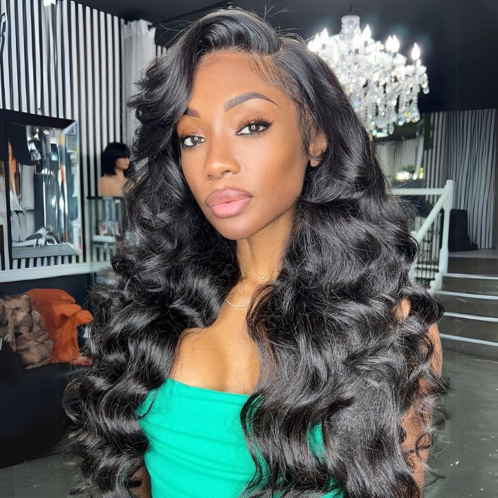 300% Density Luxury custom wigs Curtain Bangs Loose Wave Glueless Lace Front Wigs Clear Transparent  -Amanda Hair