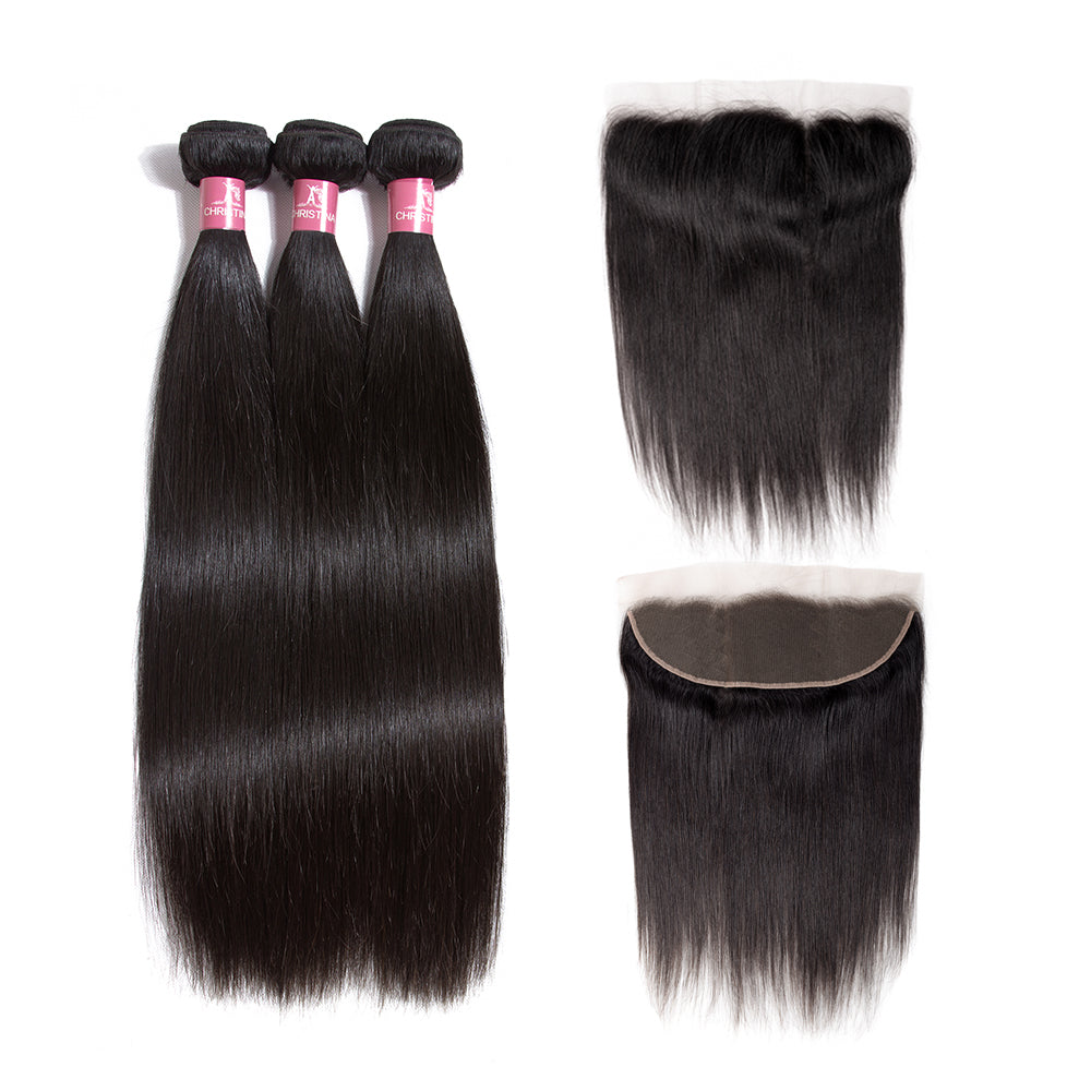 Amanda Indian Straight Hair 3 Bundles With 13*4 Lace Frontal 10A Grade 100% Remy Human Hair