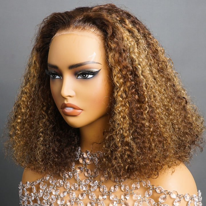 Highlight Blonde Bold Afro Curly Short Bob Hairstyle Lace Front P4/27 Colored Brown Wig Human Hair -Amanda Hair