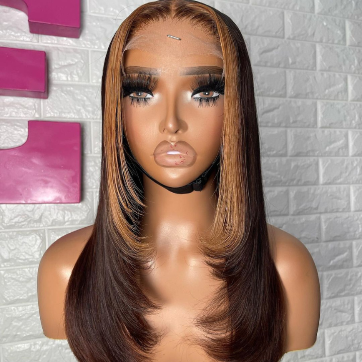 Highlight Brown Brazilian Straight Short Bob Layer Glueless  Lace Wigs Transparent Pre Plucked Hairline No Code Needed-Amanda Hair