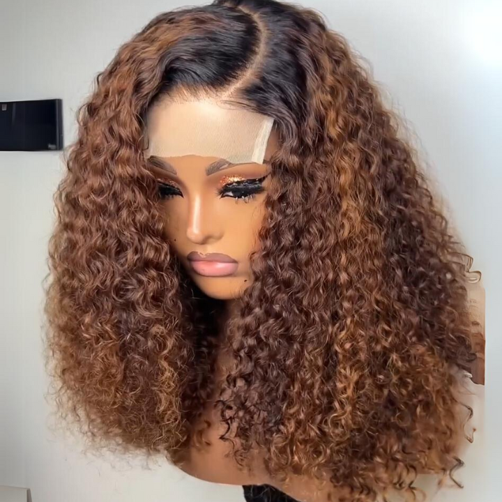 Glueless Curly 100% Human Hair Clear Transparent Lace Front Dark Root Brown Color Wigs For Women-Amanda Hair