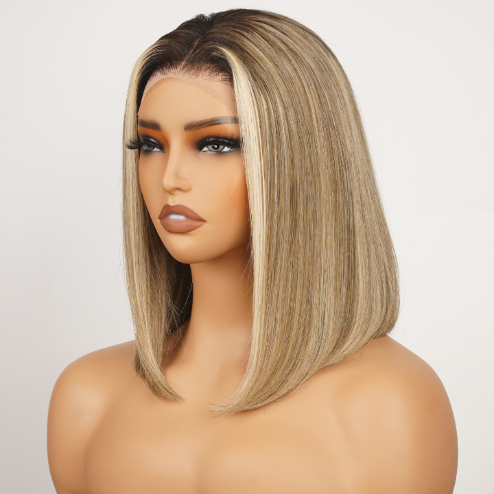 Extra 60% OFF | Ombre Ash Blonde Straight 13x4 Lace Front Short Bob Wigs-Flash Sale