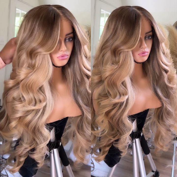 Glueless Highlight Brown Honey Blonde Lace Front 3D Body Wave Wig 100% Human Hair - Clear Transparent Lace Front/Closure Human Hair Wig- Amanda Hair
