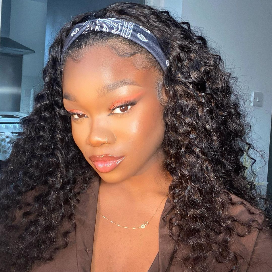 Amanda Glueless Deep Wave Headband Human Hair Wigs Beginners Friendly Half Wig With Pre-Attached Scalf