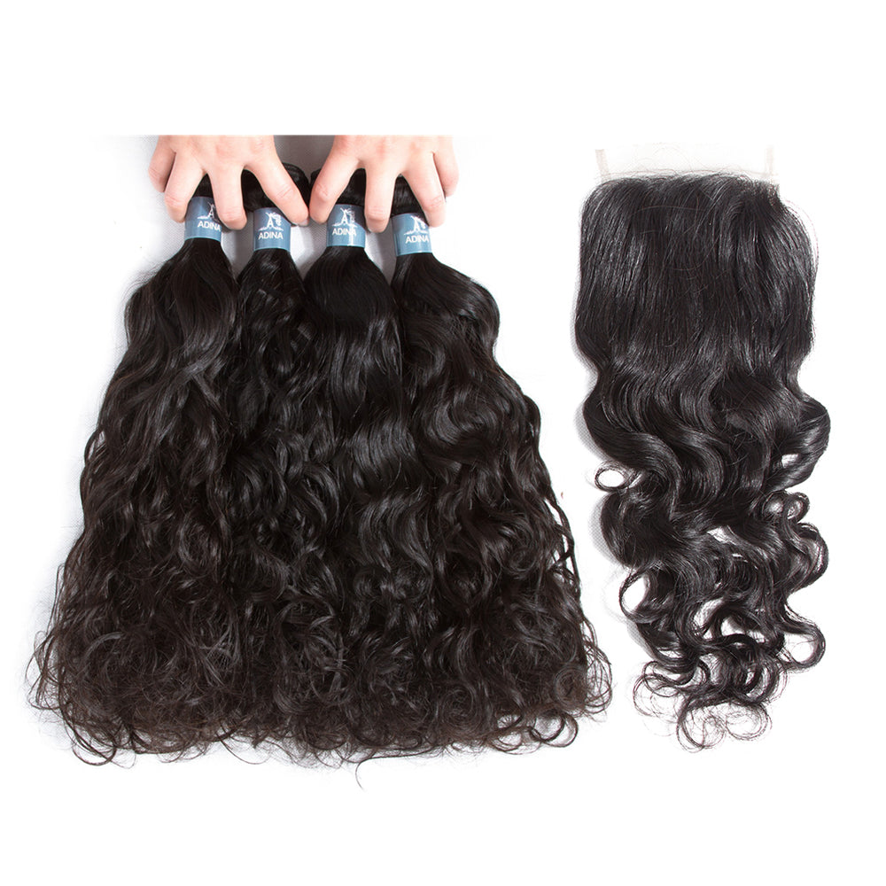 Water Wave 4 Bundles With 4*4 Lace Closure Brazilian Hair 9A Grade 100% Unprocessed Human Hair -Amanda Hair