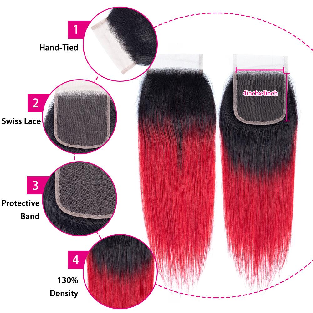 Amanda Ombre Colored Bundles With Closure T1B/Red Silk Straight 100% Human Hair